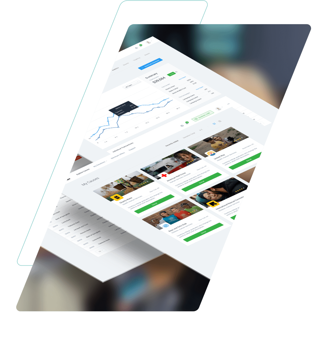 Stacked images of the charitable giving platform and the charitable loyalty and rewards platform